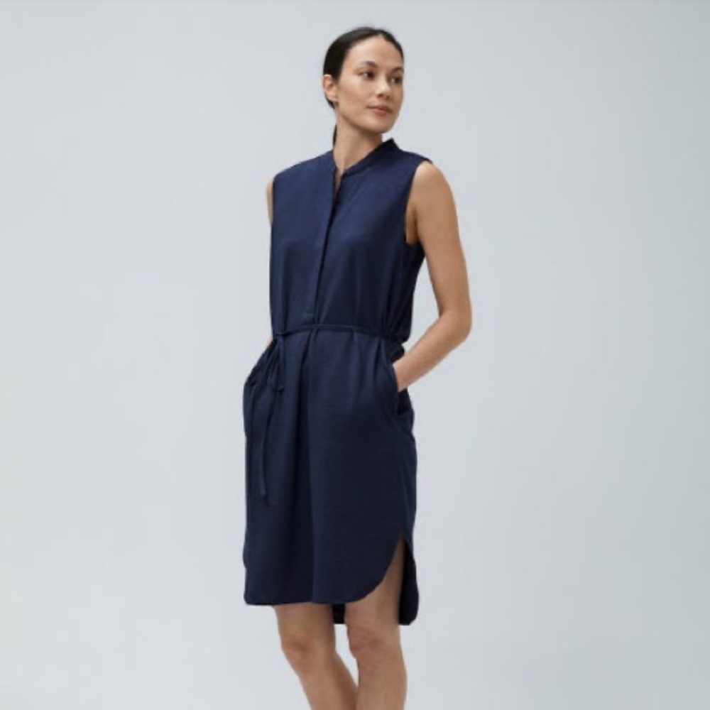 Ministry Supply Hybrid Seersucker Belted sleeveless Shirt Dress Navy Office XS